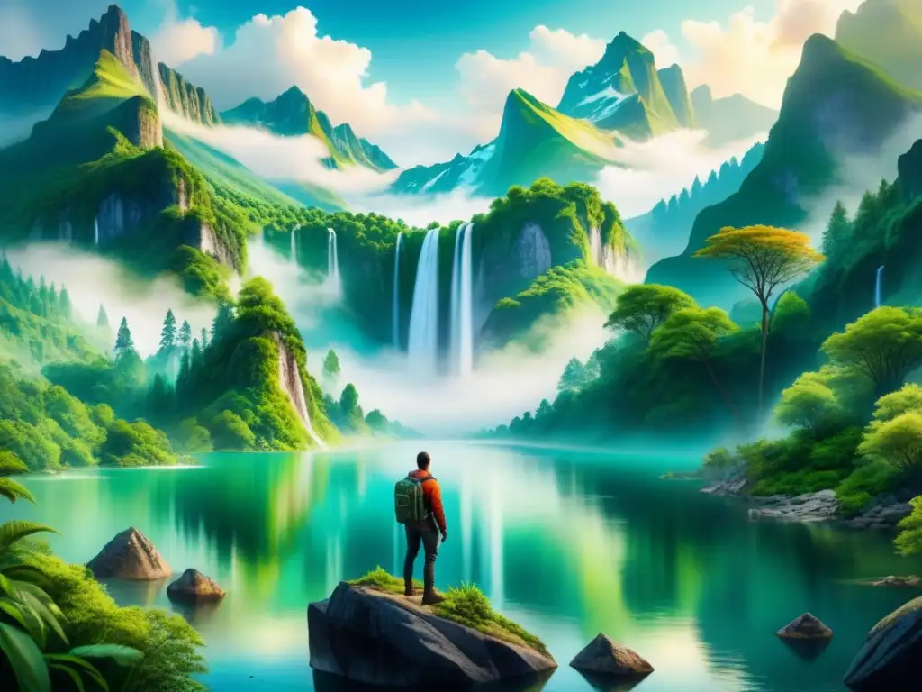 Paisaje 3D: Montañas, Lago y Cascada Un paisaje 3D hipnótico en acuarela: montañas, lago, cascada