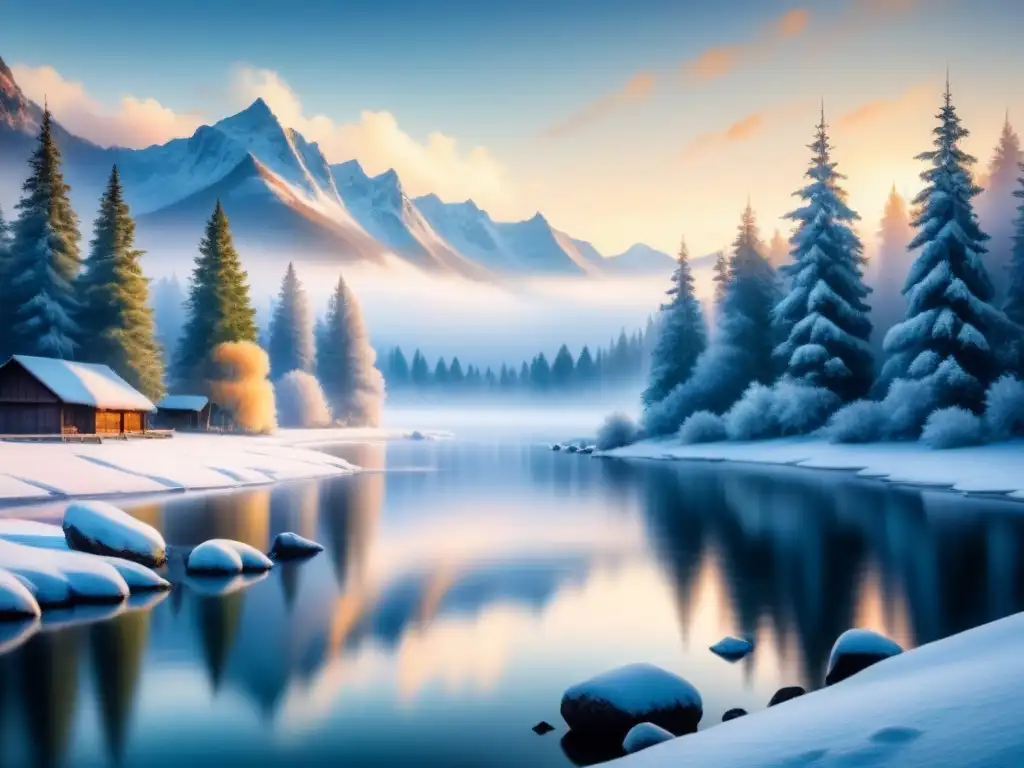 Un paisaje invernal sereno pintado con técnicas de pintar nieve impresionistas