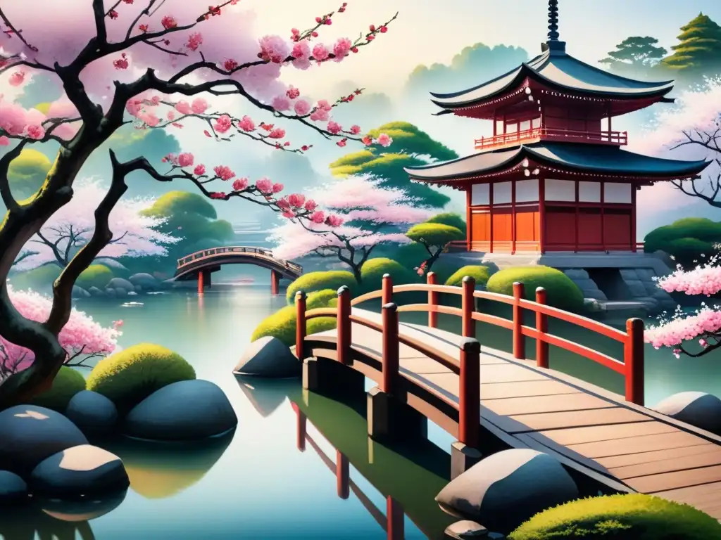 Paisaje japonés con cerezos en flor y puente de madera sobre estanque, evocando la influencia del Japonismo en arte