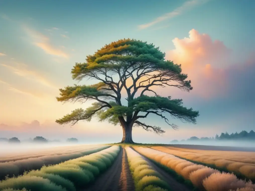 Paisaje minimalista con un árbol solitario destacando en un campo vasto bajo un cielo pastel