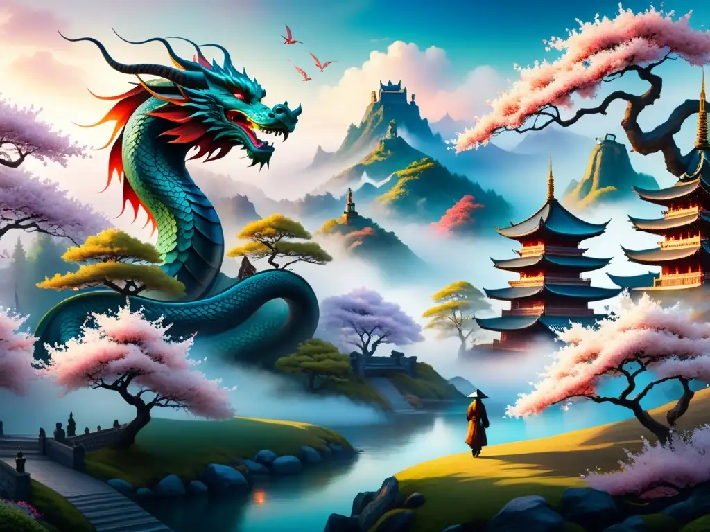 Pintura acuarela de dragón y pagodas en paisaje onírico Un paisaje onírico de colores vibrantes y motivos asiáticos, donde un dragón majestuoso se enrosca alrededor de un cerezo en flor