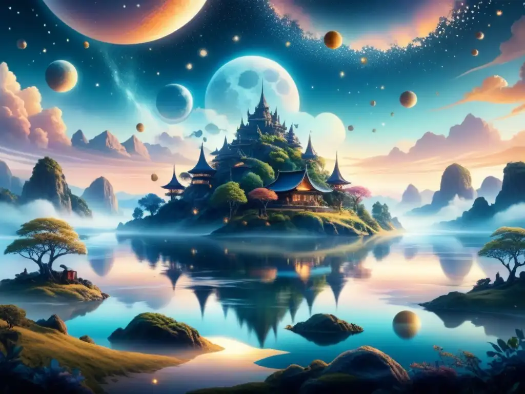 Paisaje onírico: acuarela detallada con islas flotantes y lunas brillantes Un paisaje onírico con islas flotantes, árboles retorcidos y un cielo de lunas y estrellas gigantes, bañado en una luz etérea