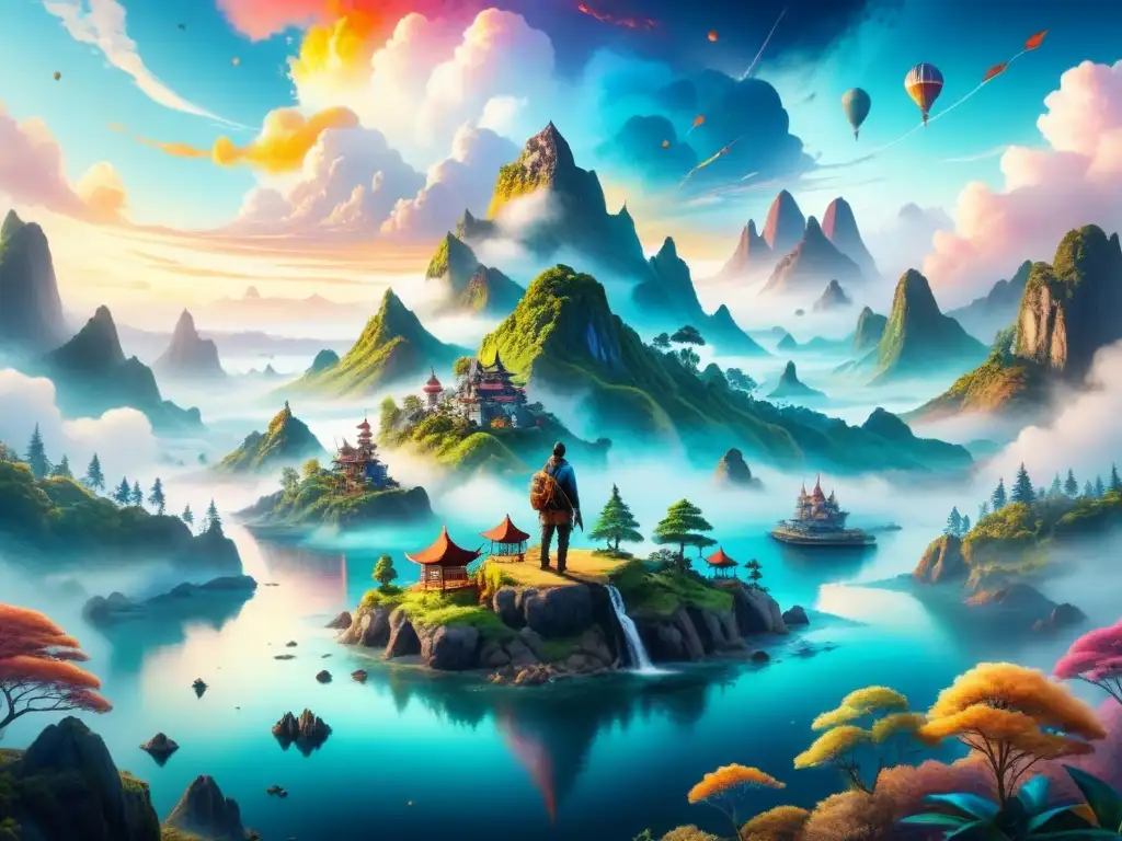 Islas Creativas: Acuarela Surrealista con Criaturas Oníricas Un paisaje onírico de islas flotantes hechas con suministros de arte, donde criaturas etéreas se entrelazan