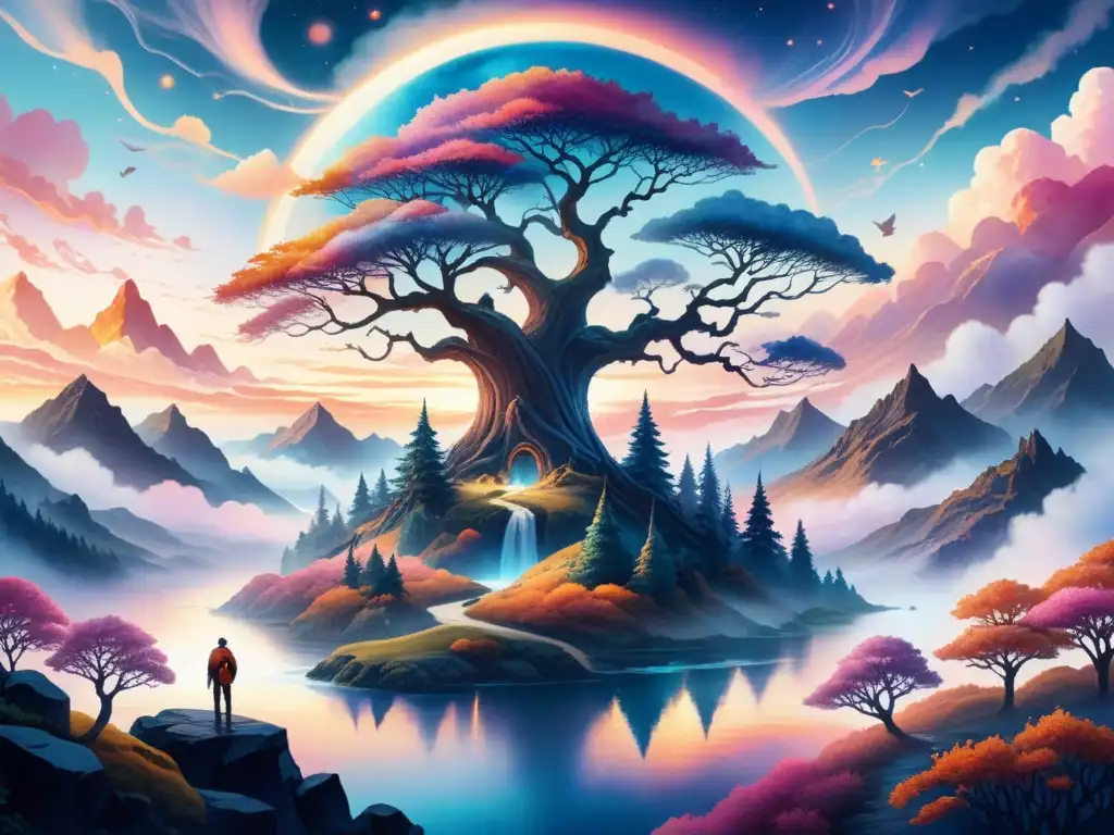 Paisaje onírico: árbol luminoso en reino fantástico Un paisaje onírico lleno de coloridas nubes, islas flotantes y criaturas mágicas alrededor de un árbol luminoso