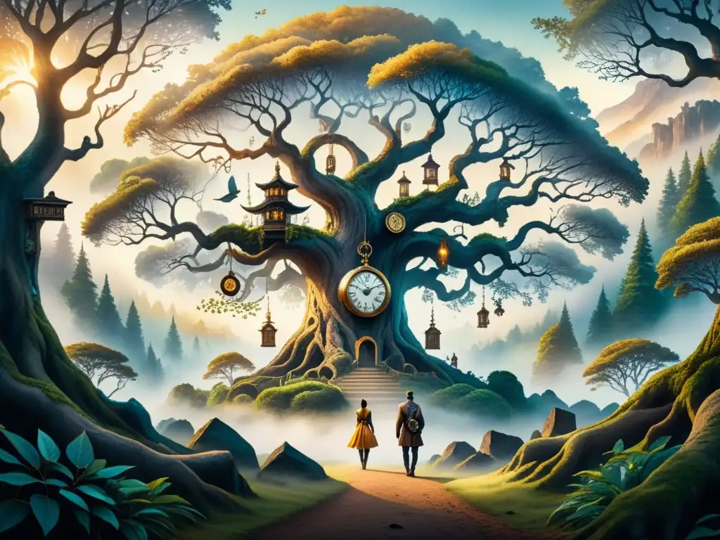 Un paisaje onírico de pintura acuarela detallada en 8k, con un árbol antiguo y simbolismo arte visual Romanticismo