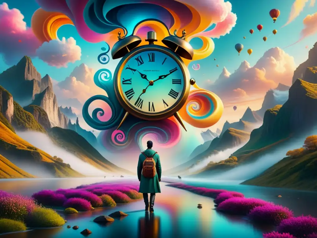 Un paisaje onírico con un reloj derritiéndose en un río de pintura, criaturas surrealistas emergiendo, técnicas surrealismo arte digital