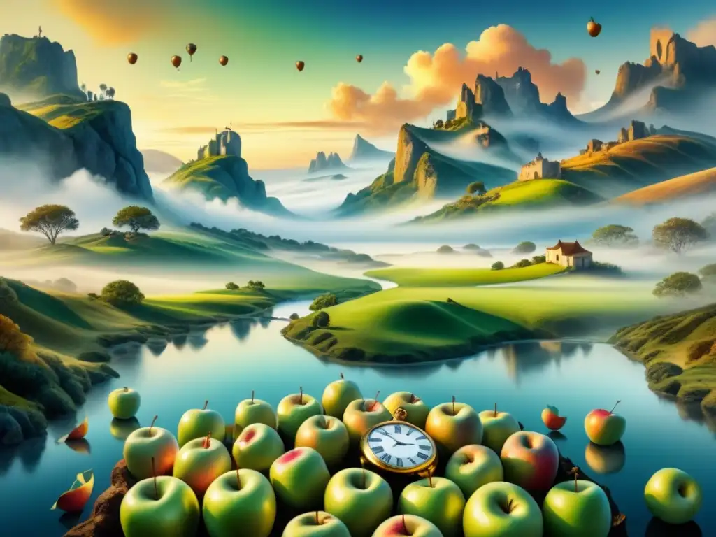 Paisaje onírico con relojes derretidos, manzanas flotantes y figuras distorsionadas, en estilo surrealista y subversión de realidad