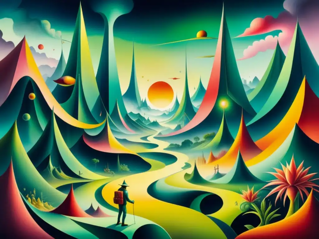 Un paisaje onírico y surrealista al estilo de Roberto Matta, lleno de criaturas fantásticas y perspectivas distorsionadas en vibrantes acuarelas