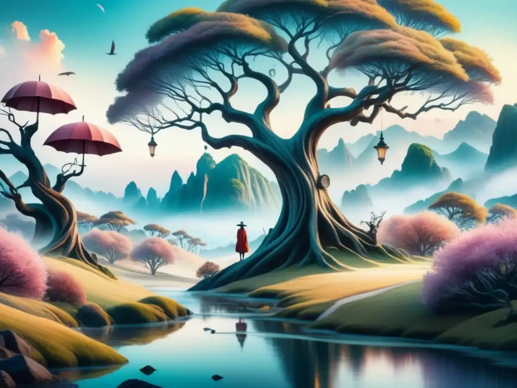 Cuadros derretidos y criaturas surrealistas en paisaje onírico Un paisaje onírico surrealista en la era postmoderna con relojes derretidos, ramas retorcidas y criaturas distorsionadas