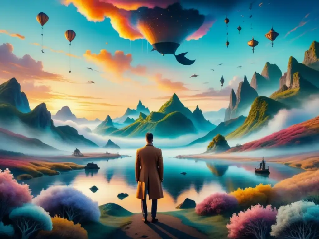 Obra surrealista: paisaje onírico con elementos fantásticos Un paisaje onírico surrealista en la era postmoderna: relojes derretidos, peces flotantes y figuras distorsionadas en un cielo vibrante y multicolor