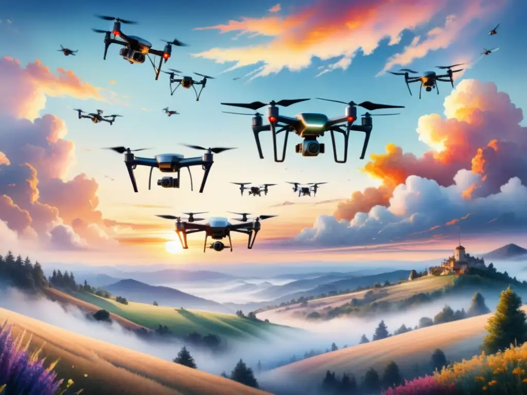 Paisaje pintoresco con drones creativos decorando el cielo al atardecer