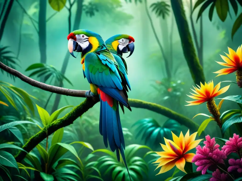 Un paisaje de realismo mágico en arte visual: loros, flores y jaguar en la selva tropical