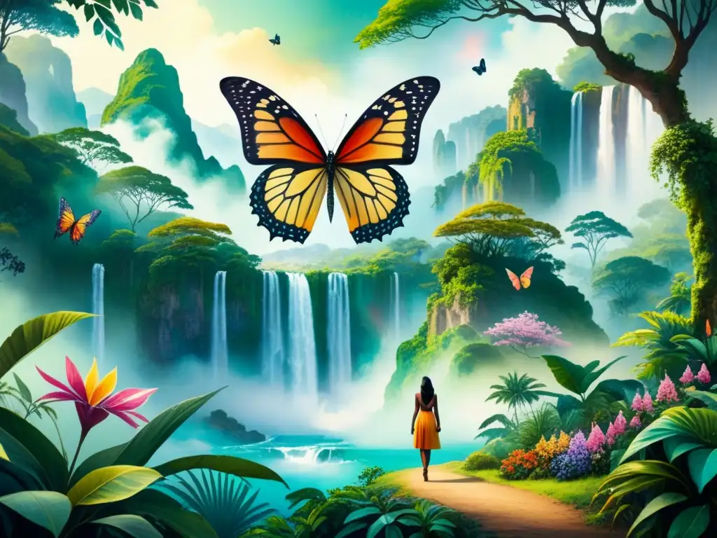 Un paisaje de selva vibrante con mariposas coloridas y cascada mística, evocando el realismo mágico arte visual