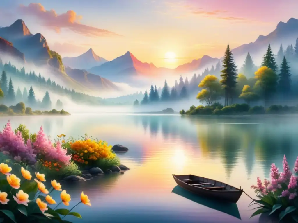 Un paisaje sereno al amanecer en acuarela, con colores suaves de rosa, naranja y amarillo
