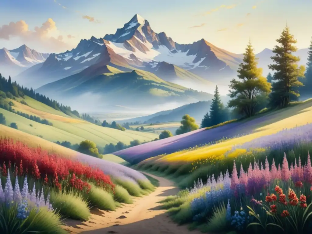 Paisaje sereno en acuarela con paleta colores grandes maestros realistas