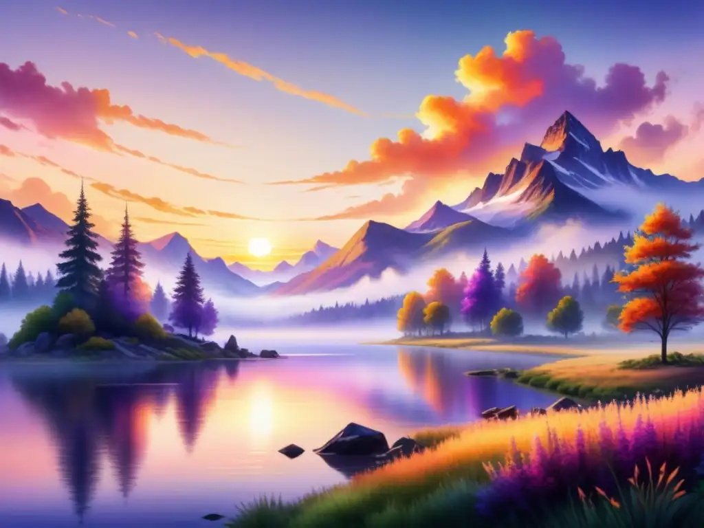 Paisaje sereno al atardecer con colores vibrantes en una ilustración detallada en acuarela