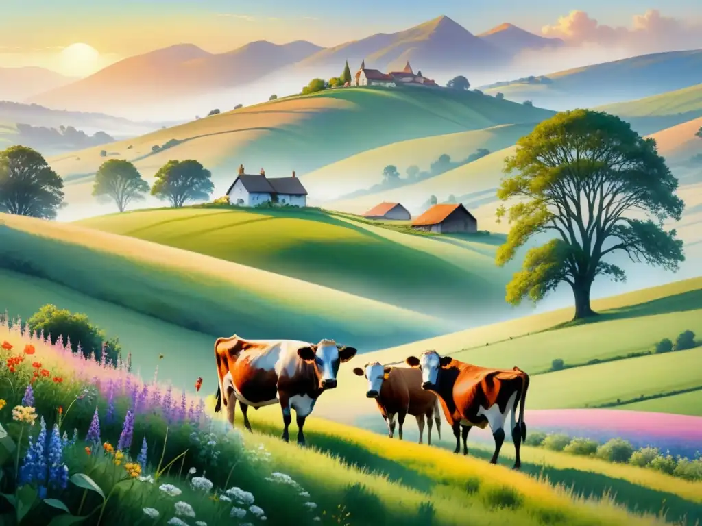 Paisaje sereno al atardecer con efecto luz, campo de flores vibrantes, vacas pastando y pueblo al fondo, inspirado en los paisajes de Pissarro