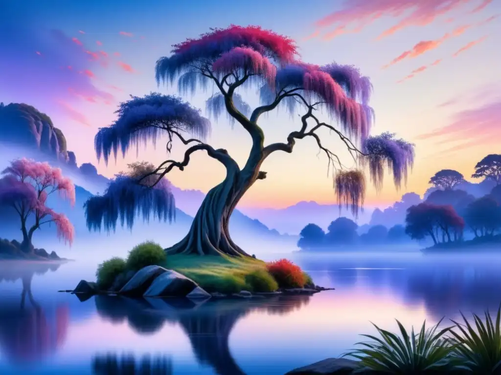 Paisaje sereno al atardecer con paleta de colores arte visual Romanticismo