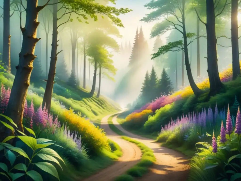 Pintura acuarela: Bosque sereno con detalle y color Paisaje sereno de un bosque en acuarela, con árboles verdes vibrantes y una senda que se adentra en la distancia