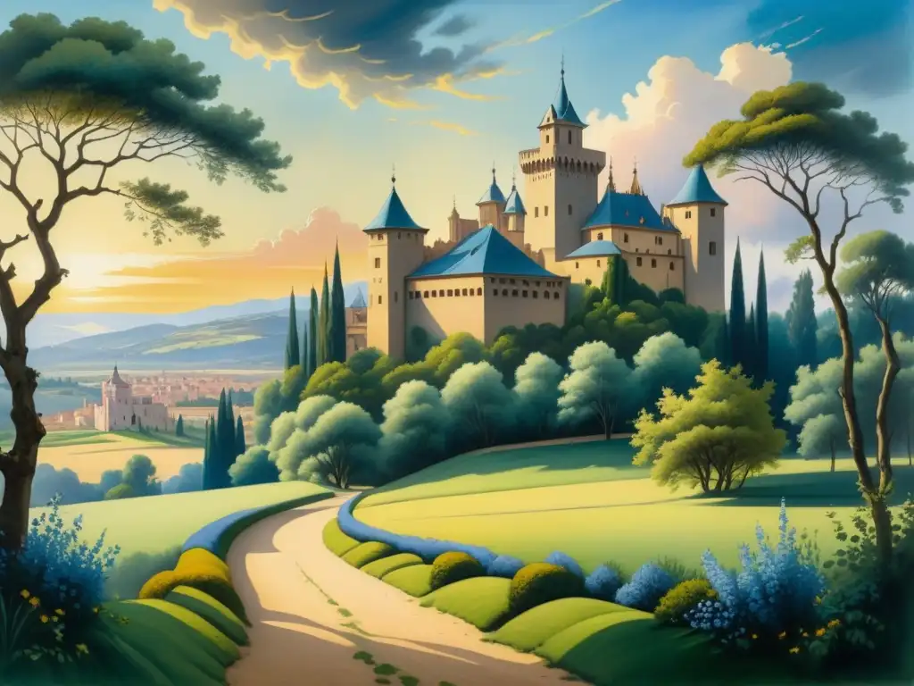 Un paisaje sereno con un castillo majestuoso al fondo, en una pintura acuarela detallada