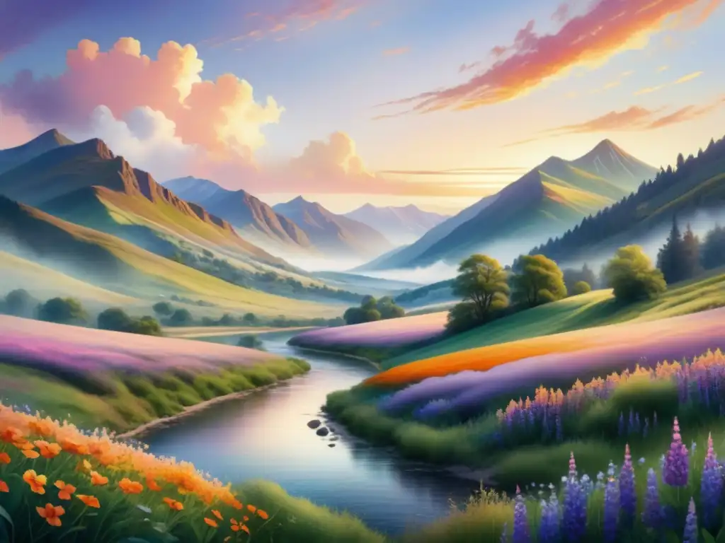 Paisaje sereno al atardecer: colinas, río y montañas en acuarela Un paisaje sereno al anochecer con colinas, río tranquilo y montañas, evocando influencias del Romanticismo Global
