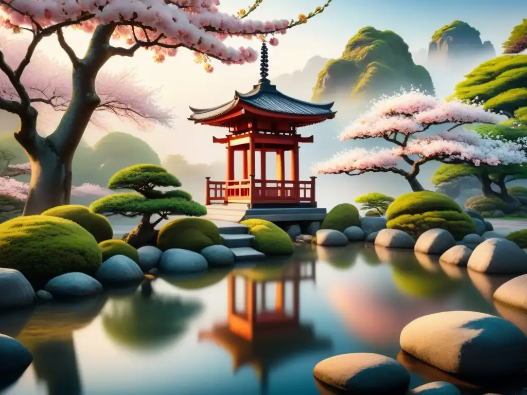 Paisaje sereno de jardín japonés con farol de piedra y cerezos en pintura acuarela