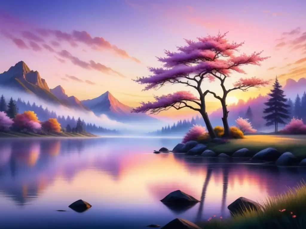 Paisaje sereno con lago y atardecer pastel reflejado, técnica artística para meditar