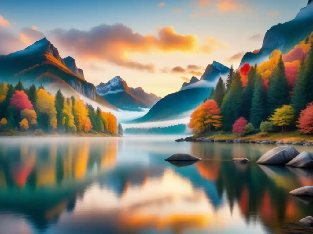 Paisaje sereno de un lago en otoño con montañas al atardecer en una Composición en la pintura al óleo