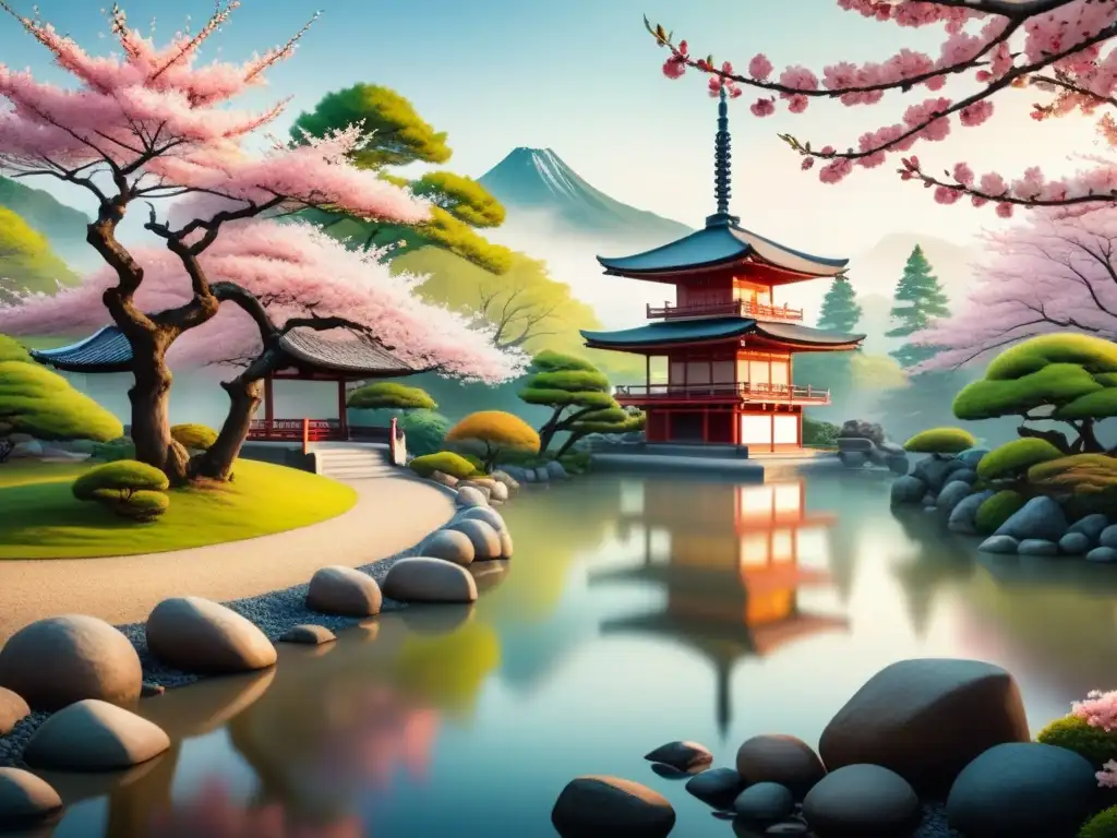 Paisaje sereno de jardín japonés con pagoda, reflejos en estanque y espacio vacío, evocando arte espiritual