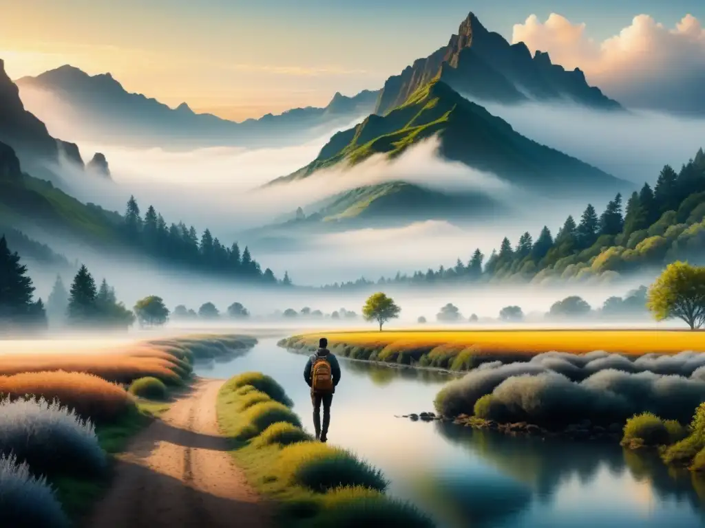 Un paisaje sereno con pintura al óleo y fotografía en pintura al óleo se fusionan en armonía en una galería