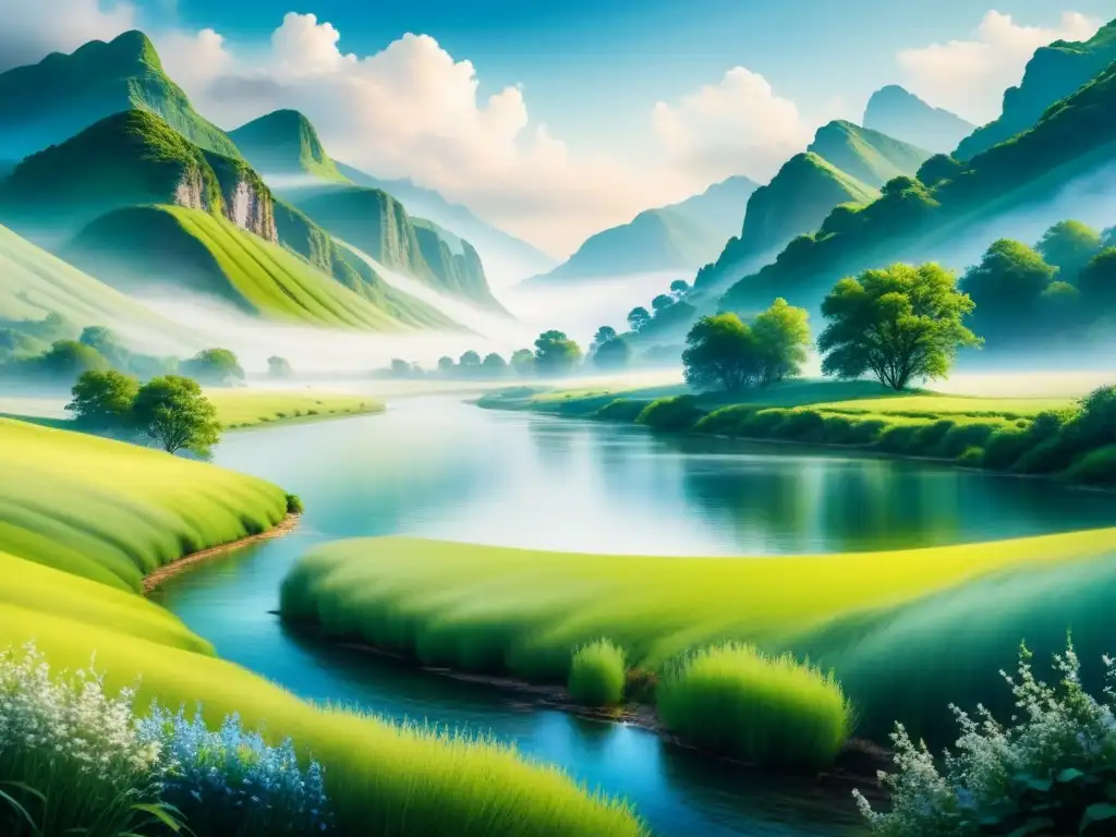 Paisaje sereno con río serpenteante entre prados verdes bajo cielo azul, evocando la historia del azul en arte