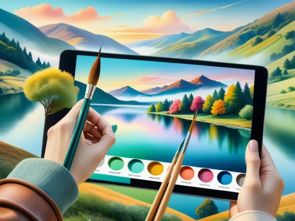 Paisaje sereno evolucionando técnicas artísticas era moderna: pincel clásico y tablet digital