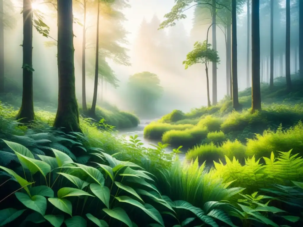 Un paisaje sonoro de arte ecológico: un bosque verde exuberante al amanecer con la luz del sol filtrándose entre las hojas