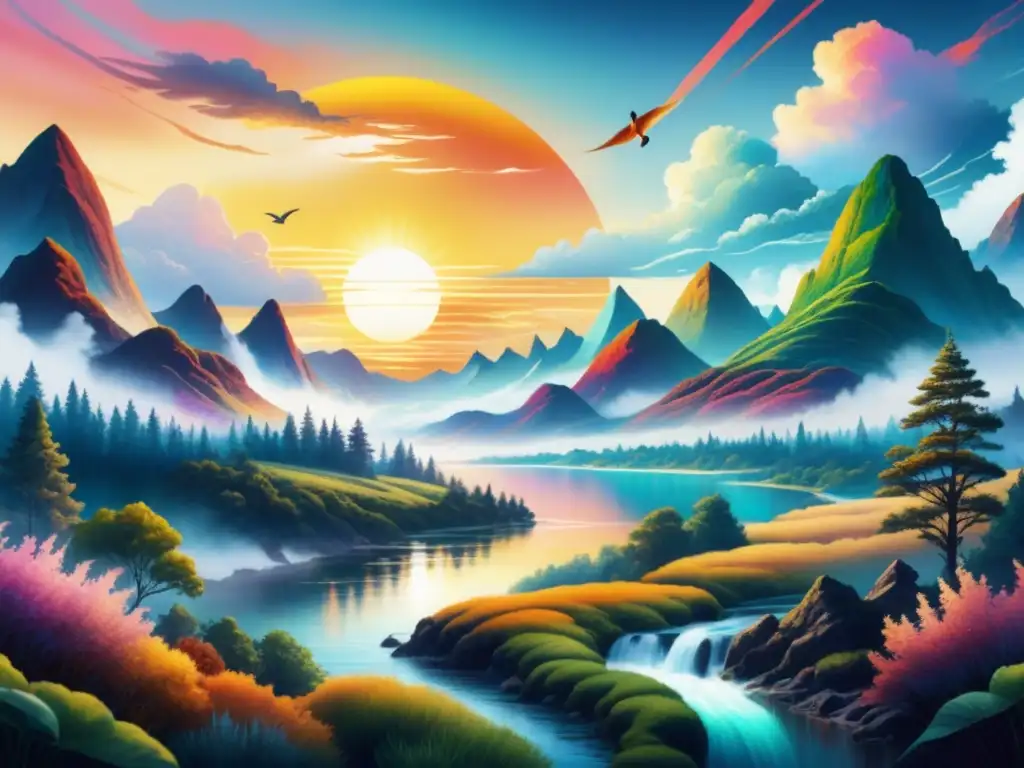 Un paisaje sonoro evoluciona de la naturaleza al arte digital en una pintura acuarela