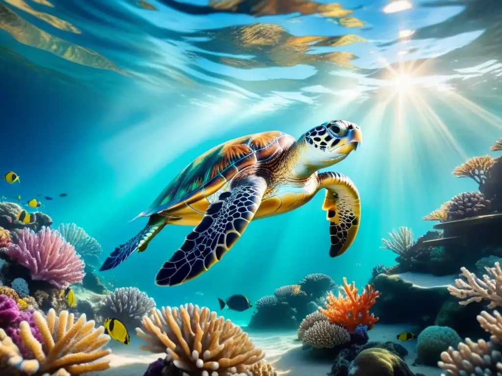 Un paisaje submarino sereno y colorido con arrecifes de coral, peces y una majestuosa tortuga marina en estilo acuarela vibrante