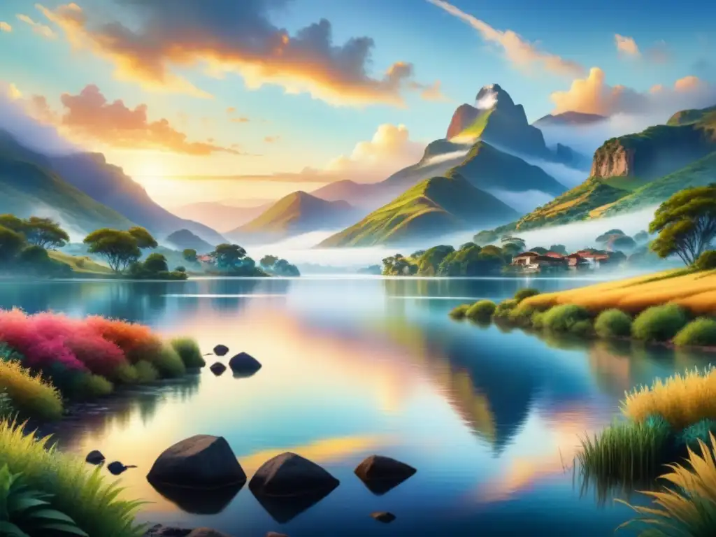 Paisaje sudamericano: atardecer vibrante en acuarela Paisaje sureño vibrante de Impresionismo en América adaptación transformación