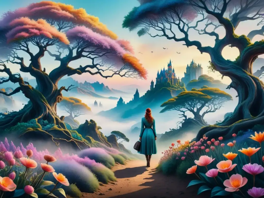 Un paisaje surrealista de acuarela en 8k detalla flores vibrantes entre árboles retorcidos