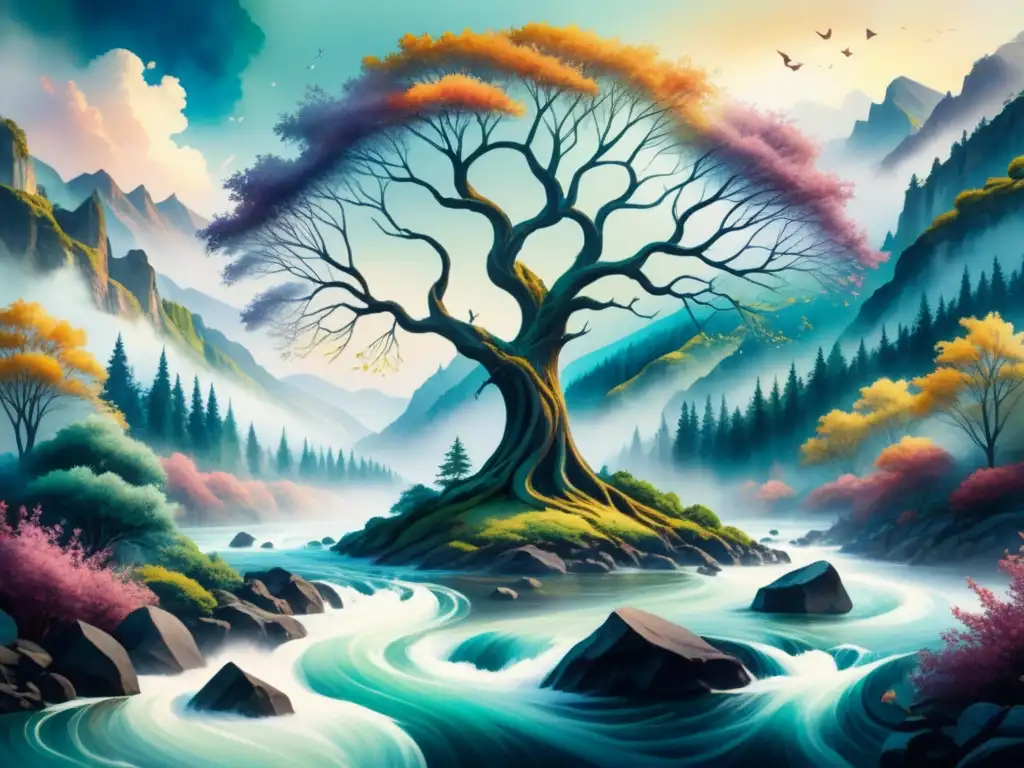 Arte acuarela surrealista: árbol majestuoso y río de palabras poéticas Un paisaje surrealista donde un árbol majestuoso se entrelaza con un río de palabras poéticas, creando una fusión armoniosa de arte y emoción