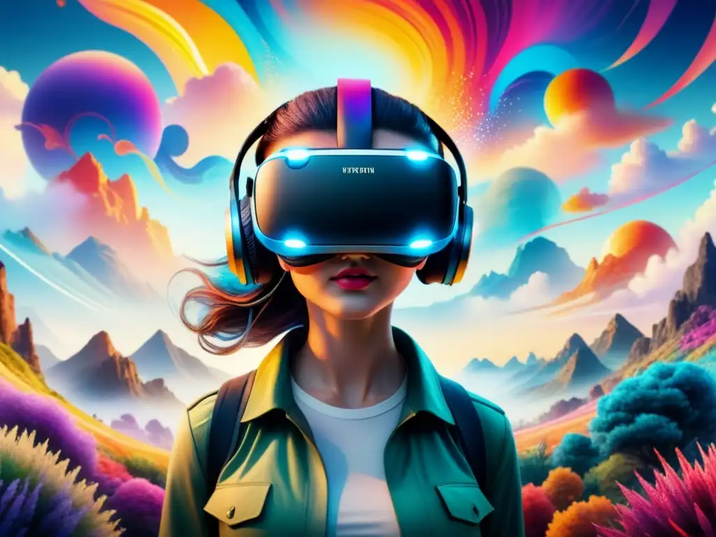 Un paisaje surrealista envuelve un auricular de realidad virtual, fusionando arte sonoro en realidad virtual
