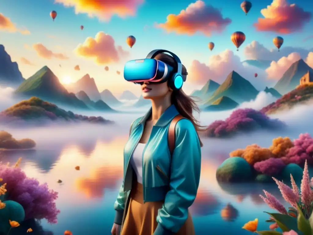 Un paisaje surrealista con un auricular de realidad virtual flotando en un mundo de ensueño