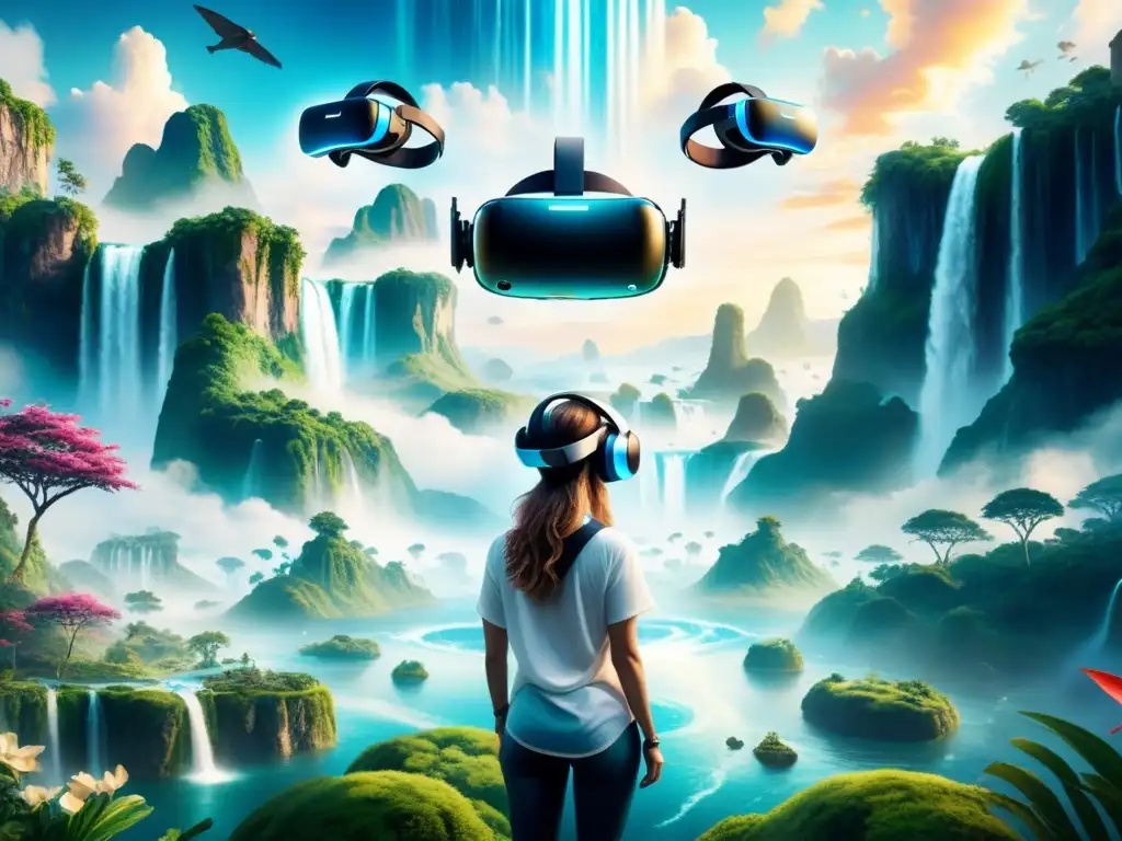 Un paisaje surrealista con auriculares de VR fusionados, creando una experiencia de inmersión