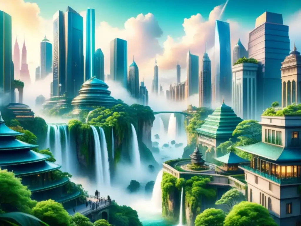 Paisaje surrealista de una ciudad futurista fusionada con la naturaleza, destacando rascacielos, vegetación exuberante y criaturas fantásticas en las calles