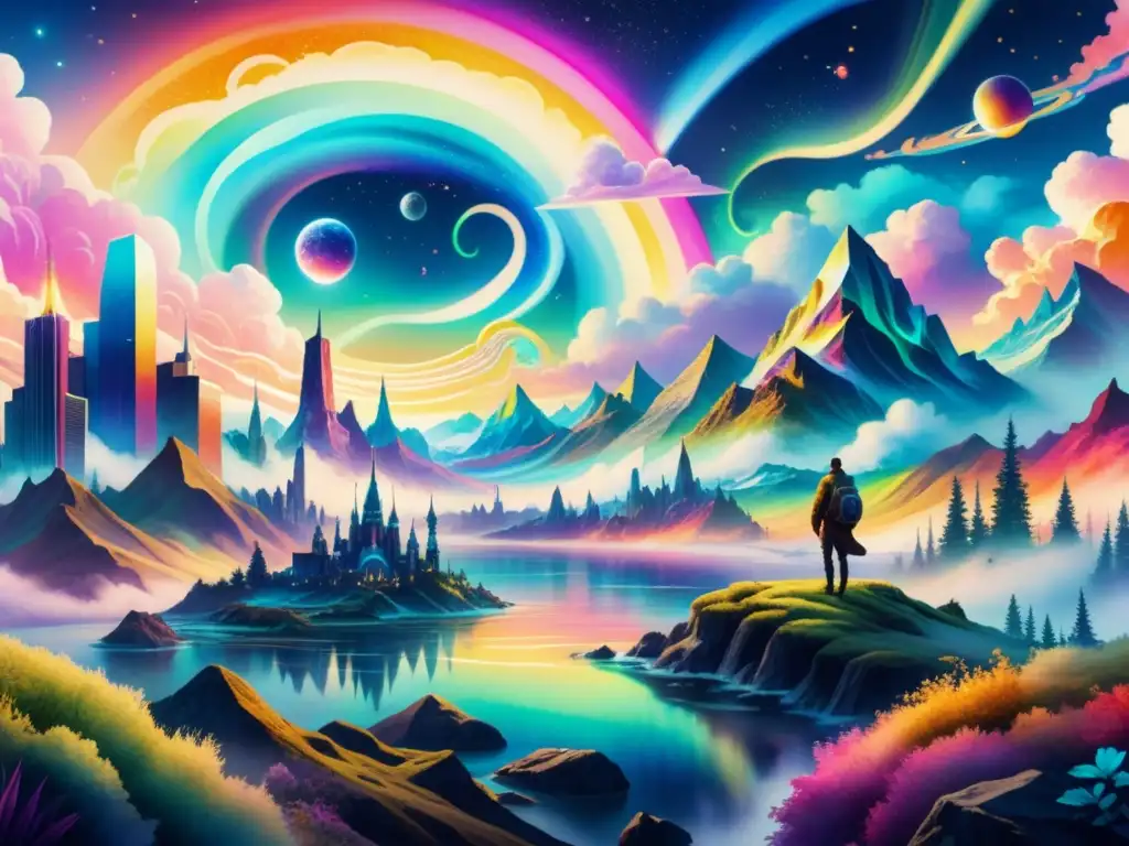 Un paisaje surrealista con colores neón, formas abstractas y una ciudad onírica, en un cuadro de arte psicodélico