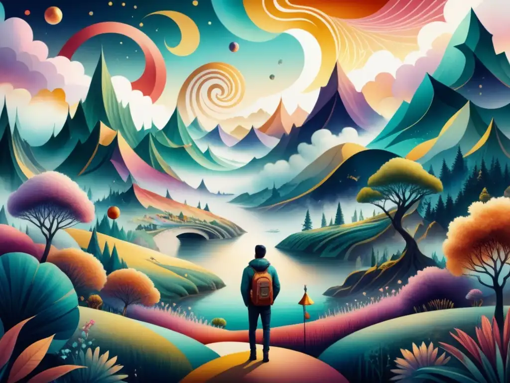 Fantasía caleidoscópica: mundo surrealista en acuarela Un paisaje surrealista de colores vibrantes y formas abstractas en una ilustración de acuarela, que invita a sumergirse en la animación experimental arte visual técnicas