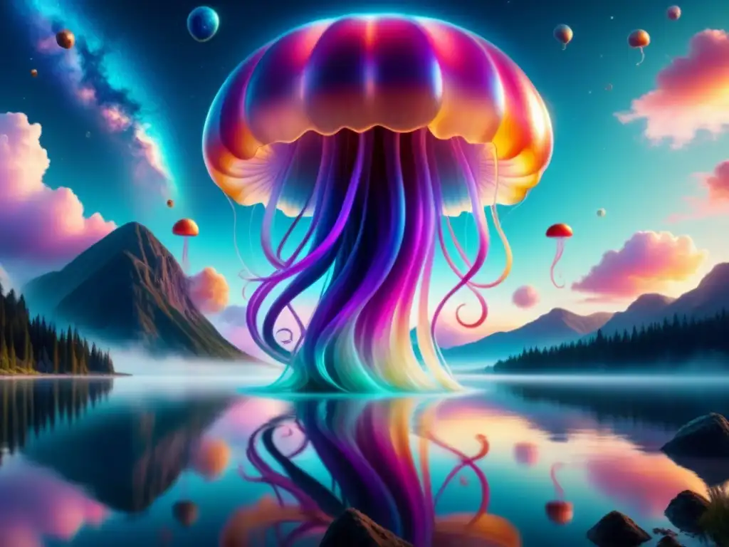 Un paisaje surrealista de ensueño con medusas gigantes flotando en un cielo estrellado, reflejando colores pastel en un lago tranquilo