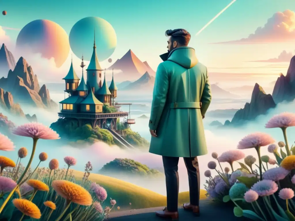 Fantástico paisaje surrealista: geometría y naturaleza en armonía pastel Un paisaje surrealista de animación experimental donde formas geométricas y orgánicas se funden en una paleta de colores pastel