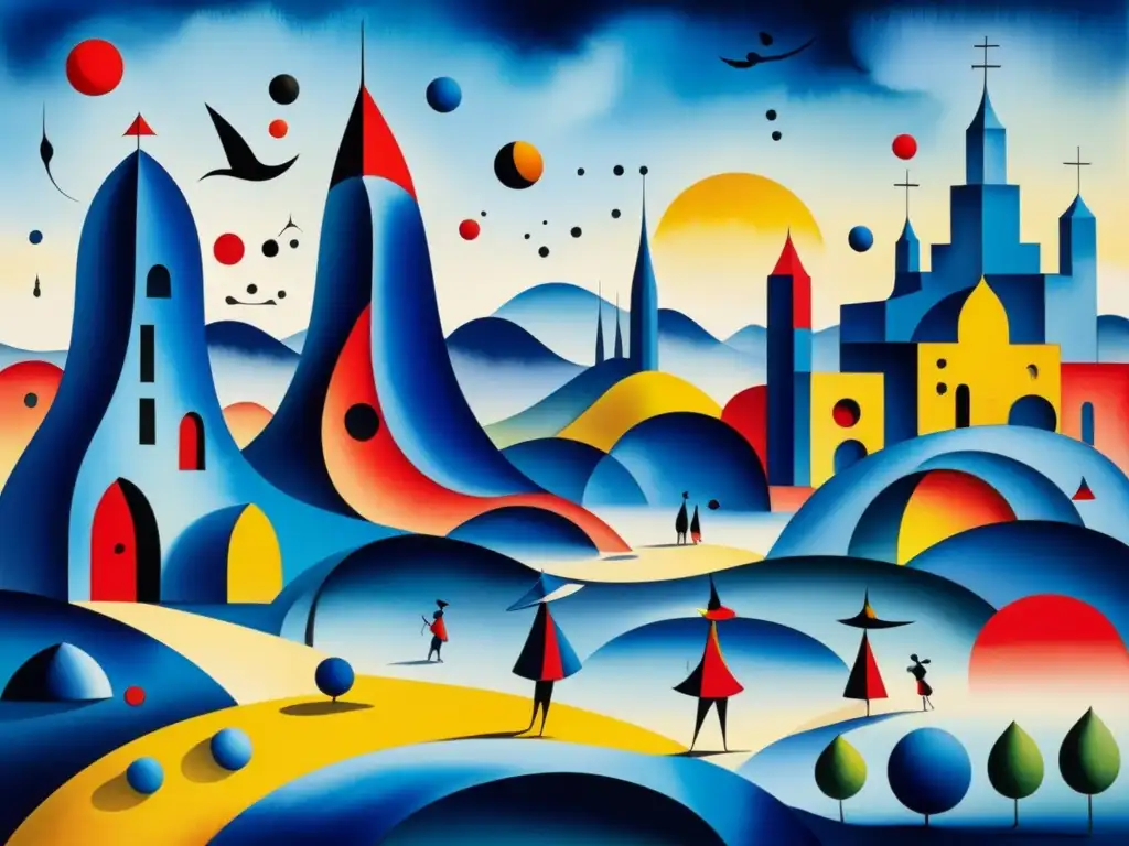 Un paisaje surrealista que fusiona la influencia de Joan Miró en Latinoamérica, con formas abstractas y colores vibrantes