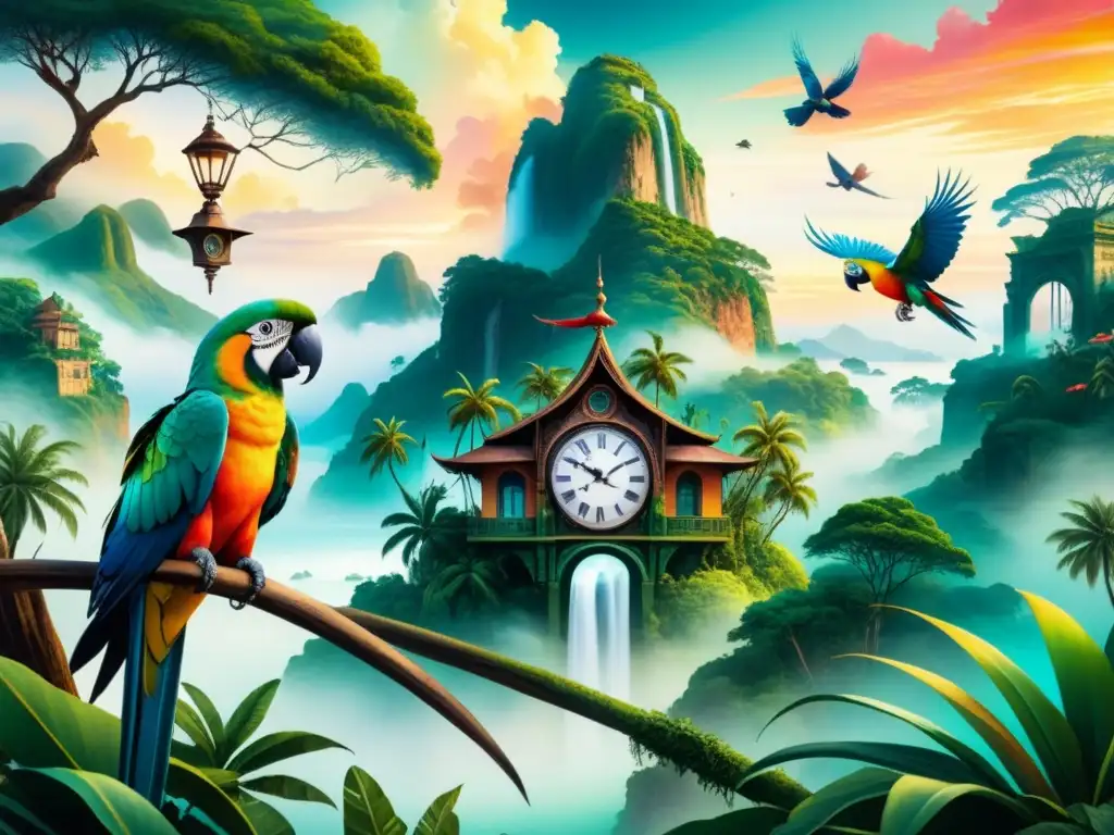 Paisaje surrealista latinoamericano con relojes flotantes y figuras derretidas, capturando la esencia del Surrealismo en América Latina historia