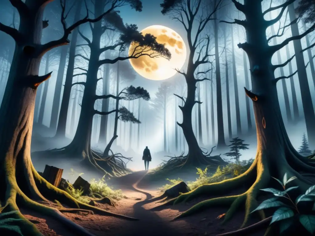 Un paisaje surrealista de un oscuro bosque nocturno con árboles retorcidos, ojos brillantes y la luna llena iluminando la escena