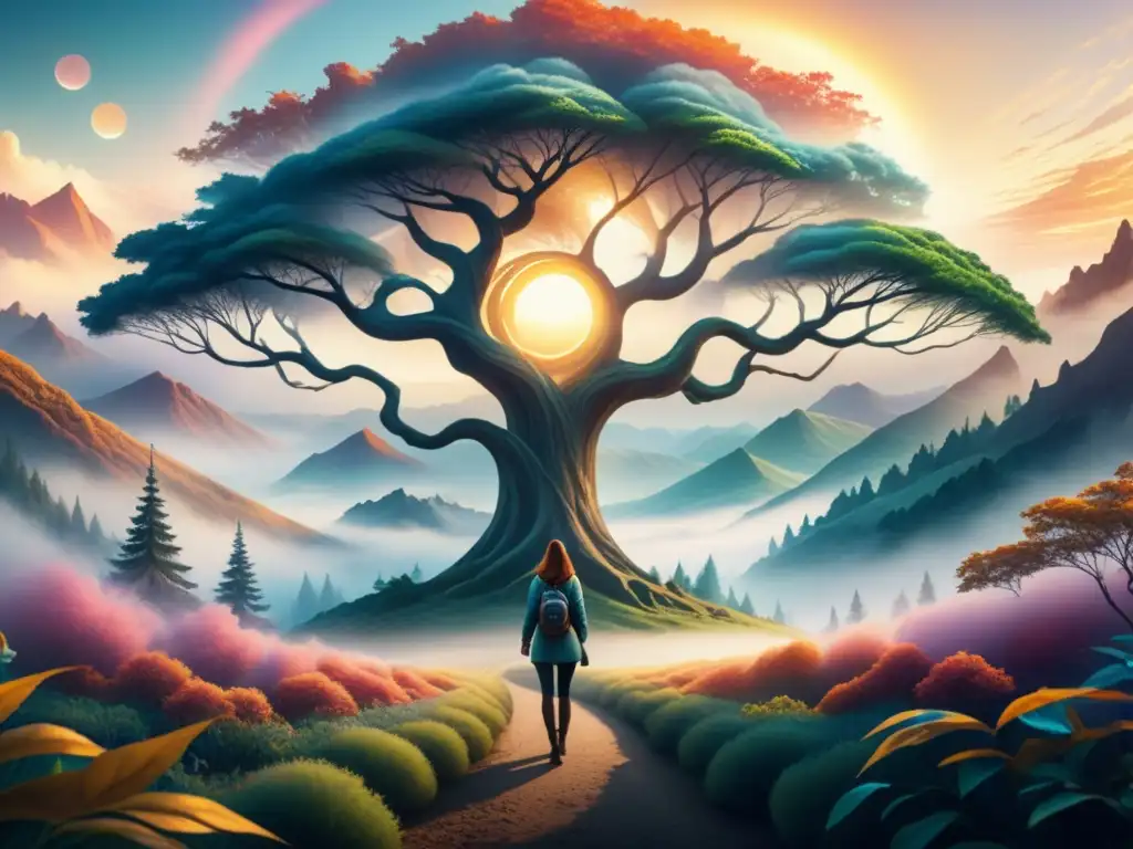 Un paisaje surrealista en realidad virtual: un árbol luminoso destaca entre colores vibrantes y montañas misteriosas